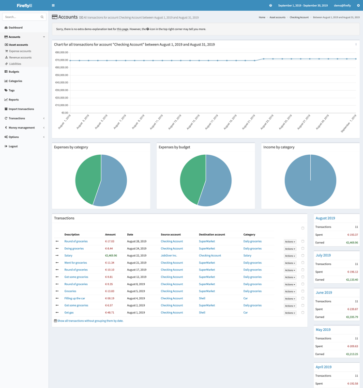 The account overview of Firefly III