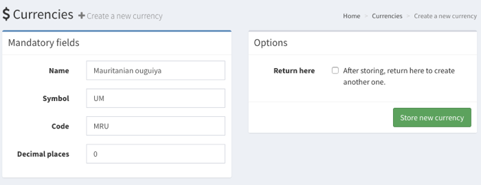 This screen allows you to create a new currency. Pretty straight-forward.