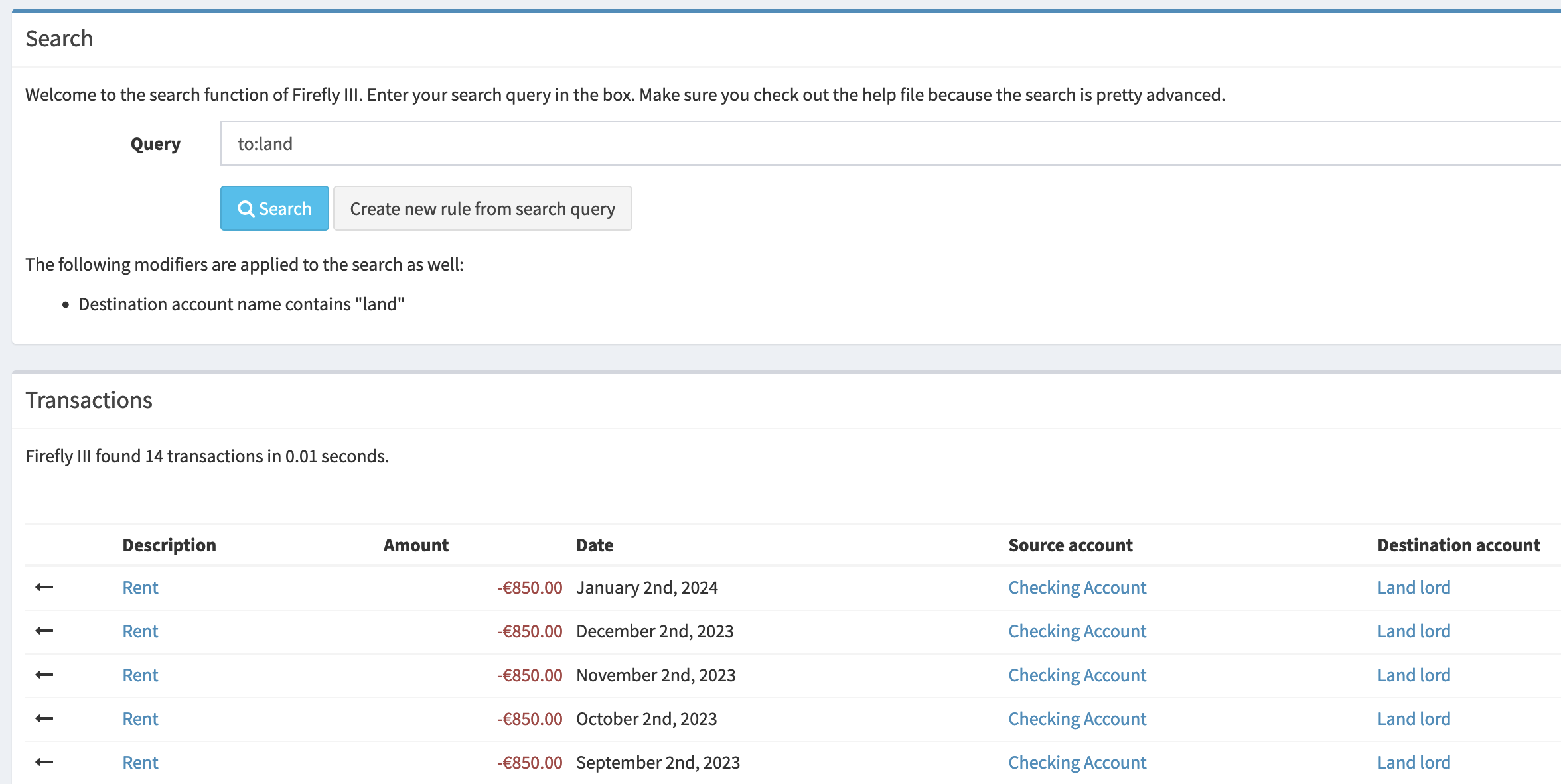 A search for transactions from a specific account
