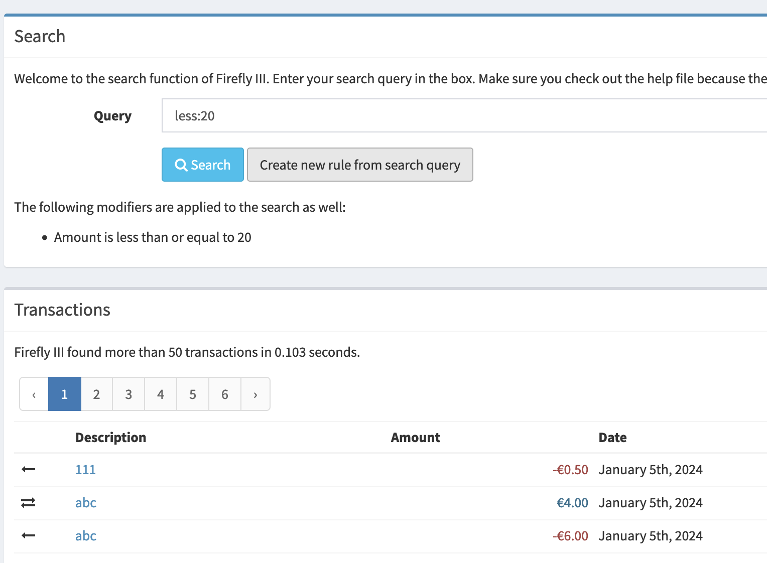 A search for transactions of less than 20