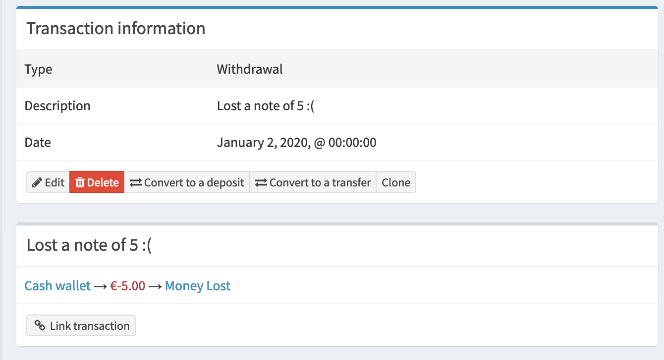 View a transaction about money lost.