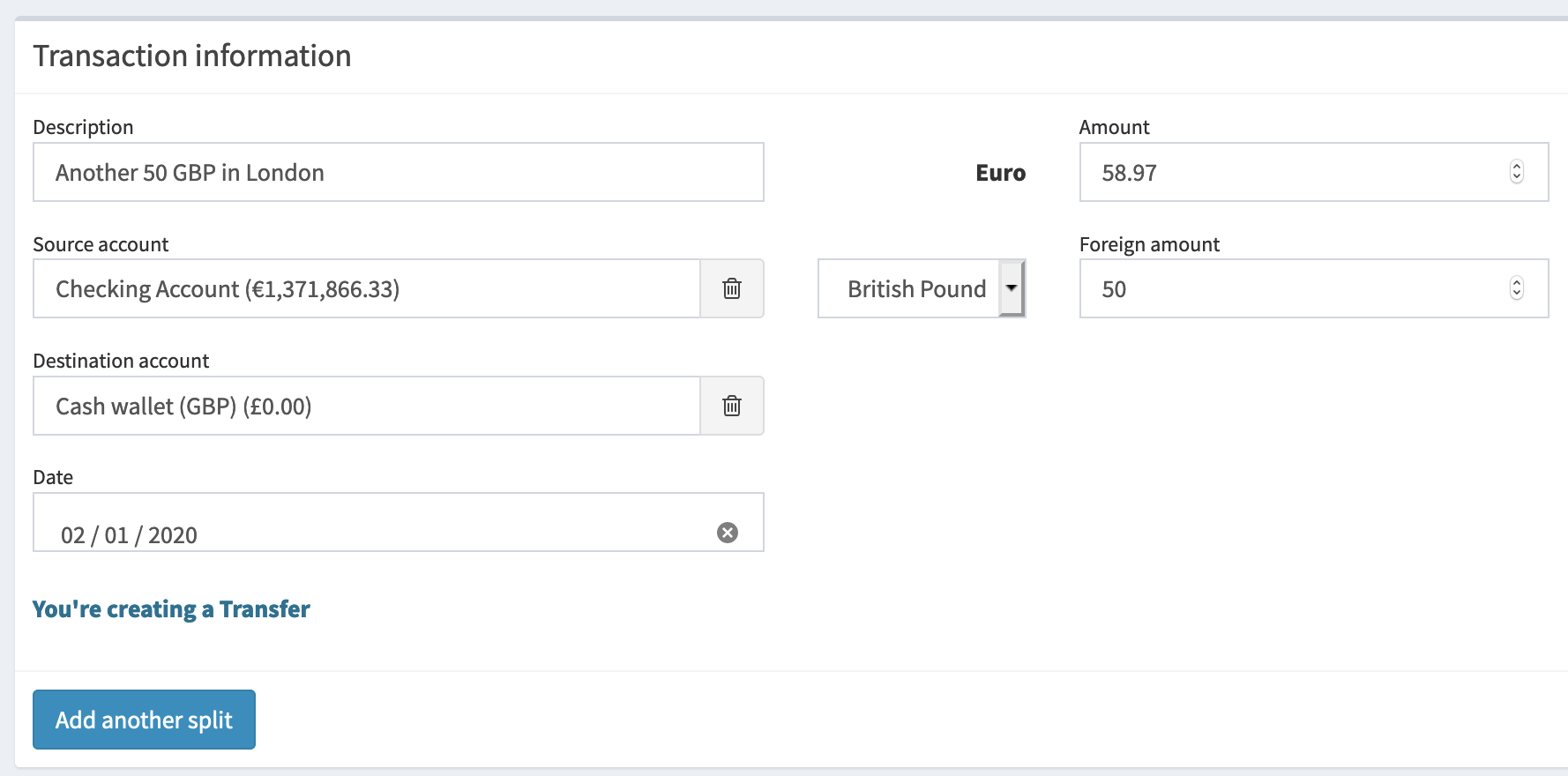 Create a multi-currency cash transfer to your wallet.