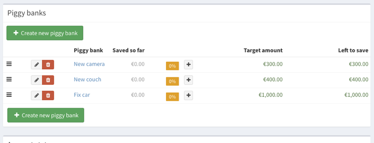 The three piggy banks from the example are listed in Firefly III as you can see here.