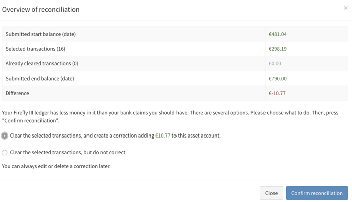 When your account is too low on funds, you can allow Firefly III to create a corrective transaction.