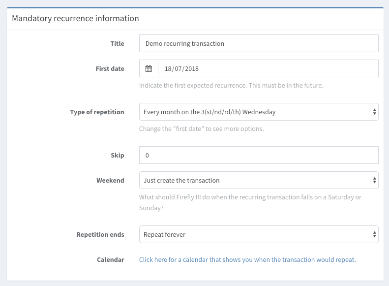 Mandatory information for a recurring transaction.